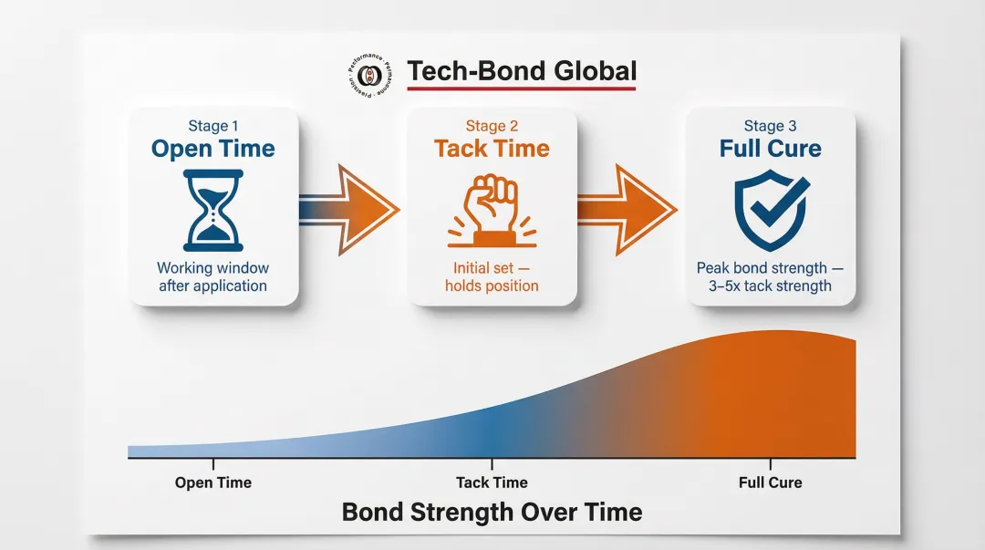 Three-stage adhesive cure timeline from open time to full cure strength