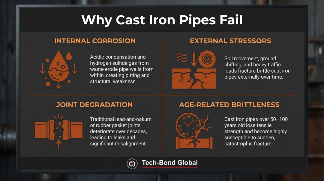 Four root causes of cast iron pipe failure illustrated with icons and descriptions