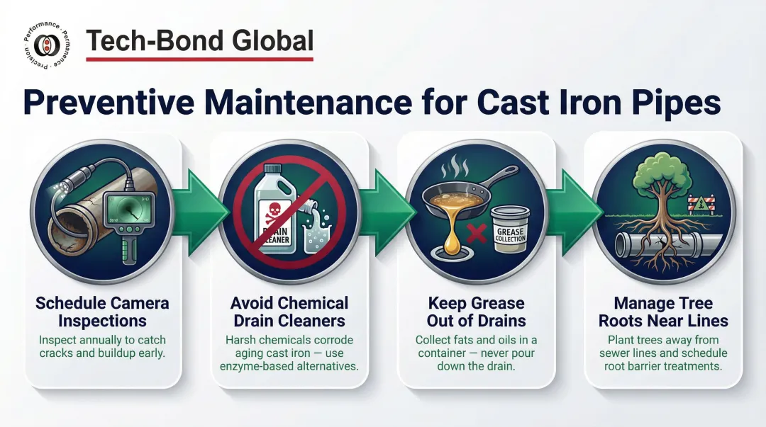 Four preventive maintenance steps to extend cast iron pipe lifespan infographic