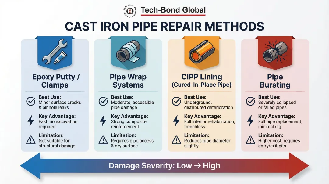 Cast iron pipe repair methods comparison from epoxy patch to trenchless CIPP lining and pipe bursting