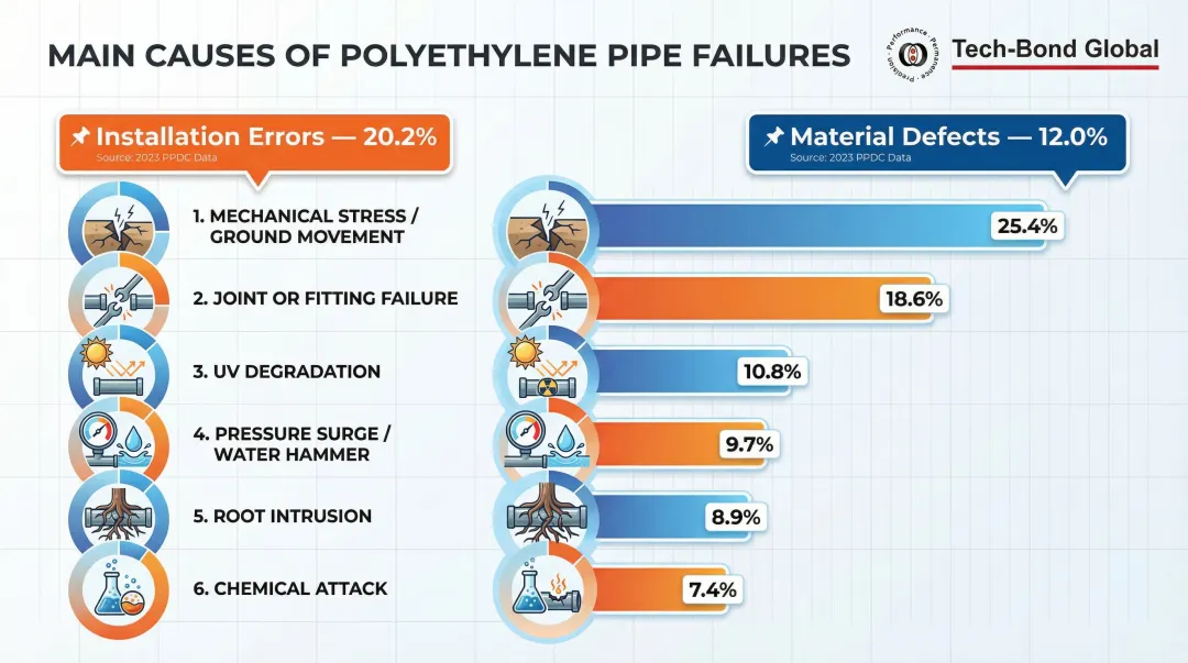 Polyethylene pipe failure causes breakdown with installation error statistics infographic