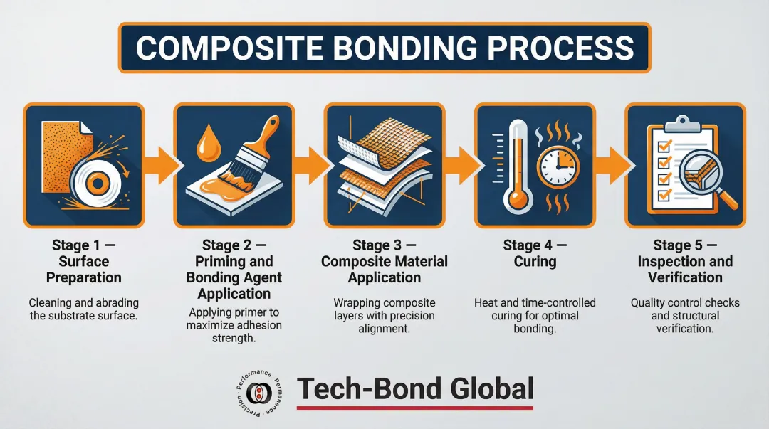 5-step composite bonding repair process flow from preparation to inspection