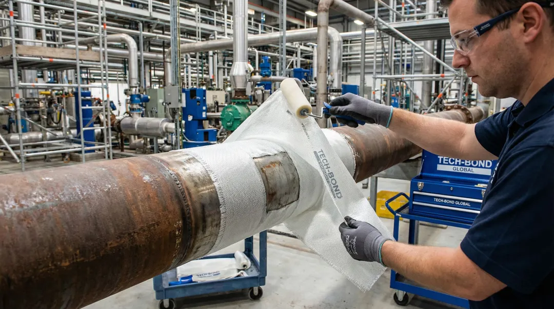 Tech-Bond PTFE-coated E-glass composite wrap being applied to industrial pipeline