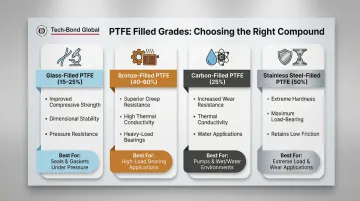 Four PTFE filled grades side-by-side comparison chart with properties and applications
