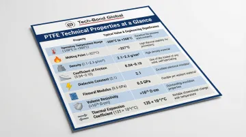 PTFE key technical properties comparison table infographic with engineering values