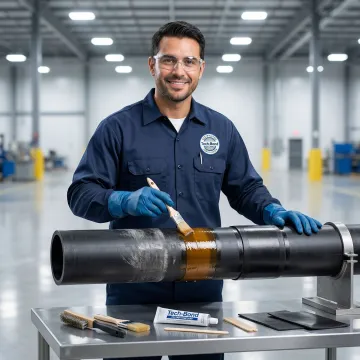 Step-by-step polymer bonding process being applied to industrial pipe by certified technician