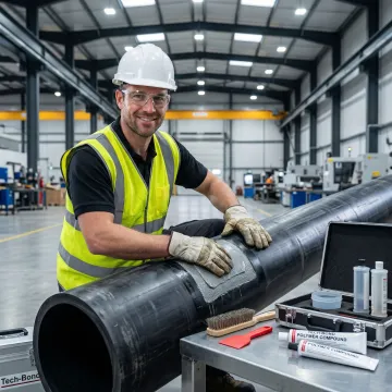 Technician applying performance polymer bonding solution to industrial HDPE pipe in manufacturing environment