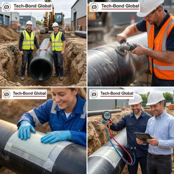 Step-by-step underground pipe repair process using Tech-Bond polymer patch system