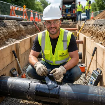 Technician performing underground pipe repair using polymer bonding patch system in Austin TX
