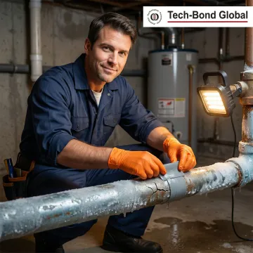 Technician applying emergency repair patch to a frozen burst pipe in a utility room