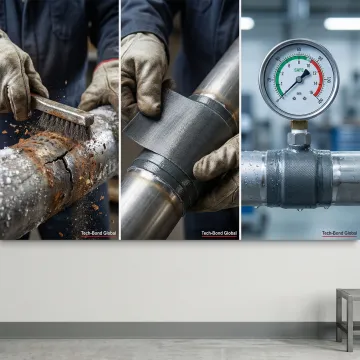 Step-by-step frozen pipe repair process showing surface prep and polymer patch application