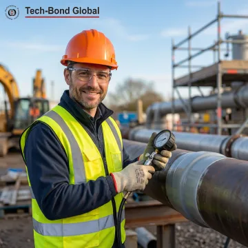 Technician pressure-testing a repaired pipe after applying a Tech-Bond polymer patch on an industrial job site