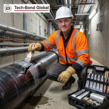 Emergency pipe repair technician applying Tech-Bond patch to a damaged HDPE pipe on-site in Columbus, OH