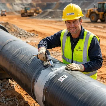 Technician applying Tech-Bond polymer patch to a large HDPE industrial pipe in a field setting