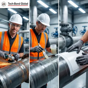 Step-by-step polymer pipe repair process showing surface prep, bonding application, and patch installation