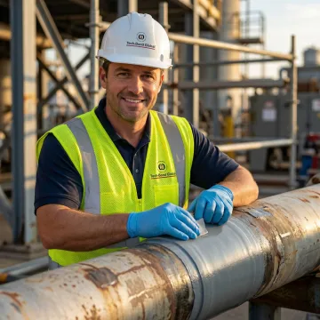 Tech-Bond technician applying polymer patch repair to industrial HDPE pipe in a field environment