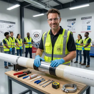Certified technician demonstrating polymer pipe repair process during hands-on training