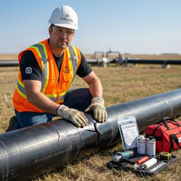 Technician performing emergency burst pipe repair on a large HDPE pipeline in an industrial setting
