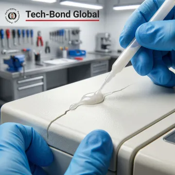 Close-up of a polymer appliance component being repaired with molecular bonding technology