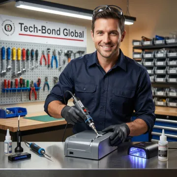 Technician performing a quality appliance polymer repair using advanced bonding tools in a workshop setting