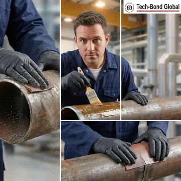 Step-by-step pipe repair process showing surface preparation and polymer patch application