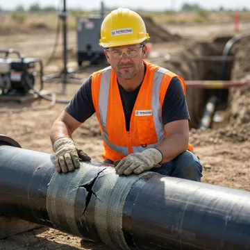 Technician applying Tech-Bond patch repair to a burst industrial HDPE pipe in a field environment