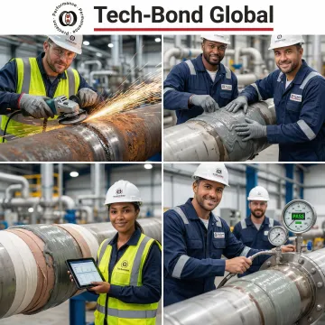 Step-by-step industrial pipe repair process using Tech-Bond polymer patching system on a burst pipeline
