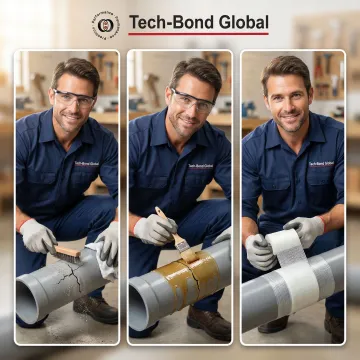 Step-by-step drain pipe repair process showing surface preparation and polymer patch application