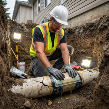 Professional drain pipe repair technician applying polymer patch to damaged underground pipe in Oklahoma City
