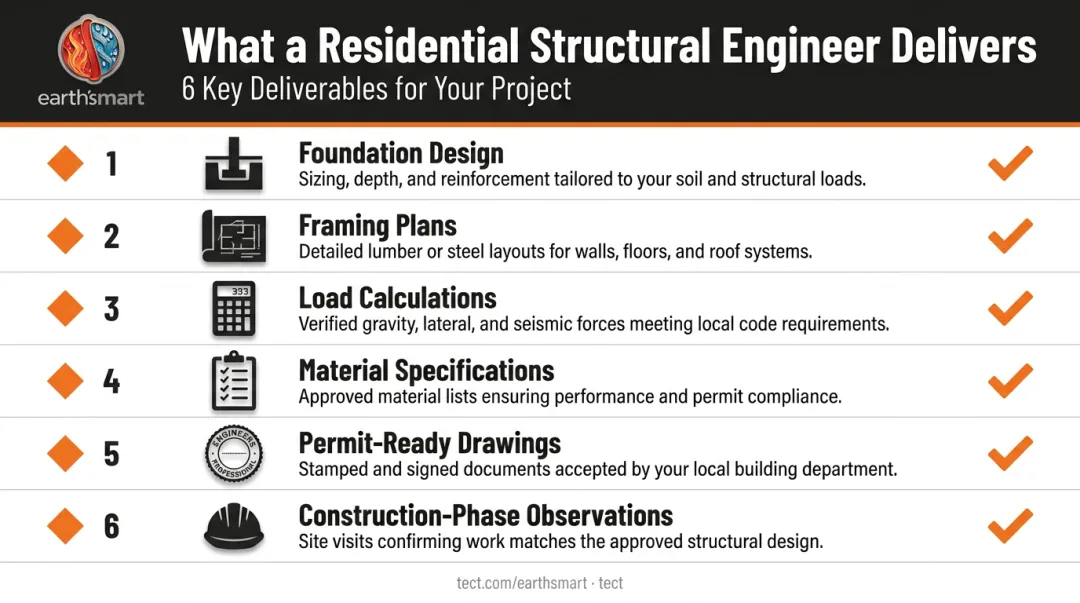 Six structural engineering residential deliverables checklist infographic