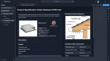 TectApp product coordination dashboard showing WUI vent specifications integrated with building design