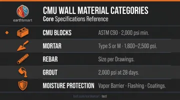 CMU wall materials checklist with mortar rebar grout and moisture protection specs
