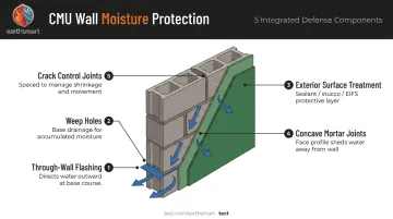 CMU wall moisture protection system five-component diagram with flashing and weep holes