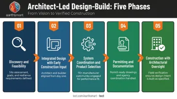 Five-phase architect-led design-build process flow from discovery to construction completion