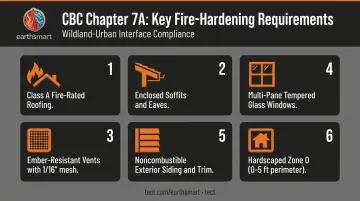 Six CBC Chapter 7A fire-hardening requirements for WUI home construction in wildfire zones