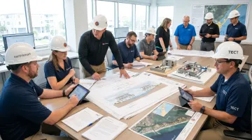 Tect design-build team reviewing flood zone architectural plans and permit documents