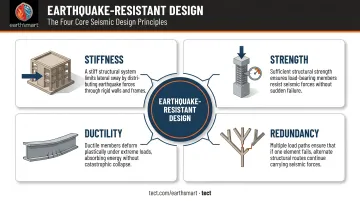 Four core earthquake-resistant design principles stiffness strength ductility redundancy infographic