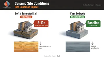 Seismic site hazards comparison liquefaction soil amplification versus bedrock performance infographic