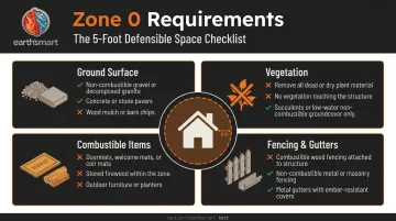 Zone 0 five-foot perimeter compliance checklist covering ground surfaces fencing gutters and vegetation