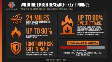 Ember ignition risk statistics showing 90 percent home fire losses from firebrands