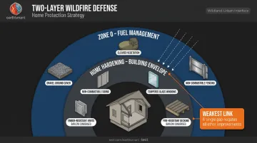 Zone 0 defensible space and home hardening two-layer wildfire protection system diagram