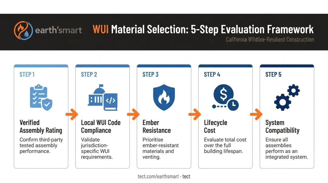 Five-step WUI fire-resistant material evaluation criteria process flow infographic