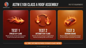 Three ASTM E108 fire tests required for roof assembly Class A rating