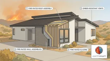 WUI home resilient building envelope components including fire-rated roof walls and vents