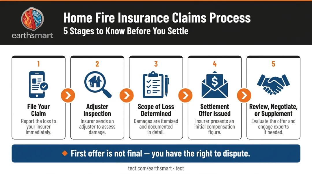 5-step home fire insurance claims process from filing to final settlement