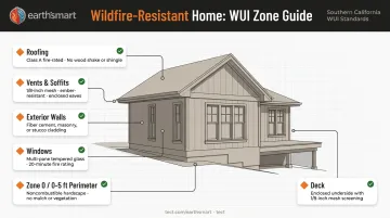 WUI wildfire-resistant home construction zones and fire-rated material requirements diagram