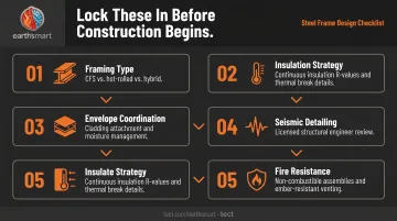 5 critical steel frame home design-stage decisions checklist process flow infographic