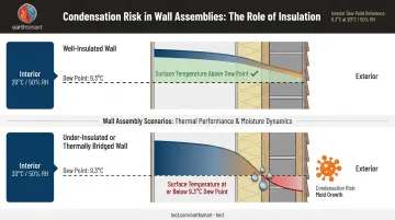Interior wall surface condensation and mold risk from insufficient U-value thermal performance