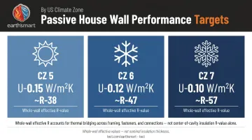 Passive House wall U-value targets by US climate zone comparison chart