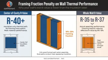 Framing fraction effect on whole-wall R-value versus center-of-cavity insulation rating